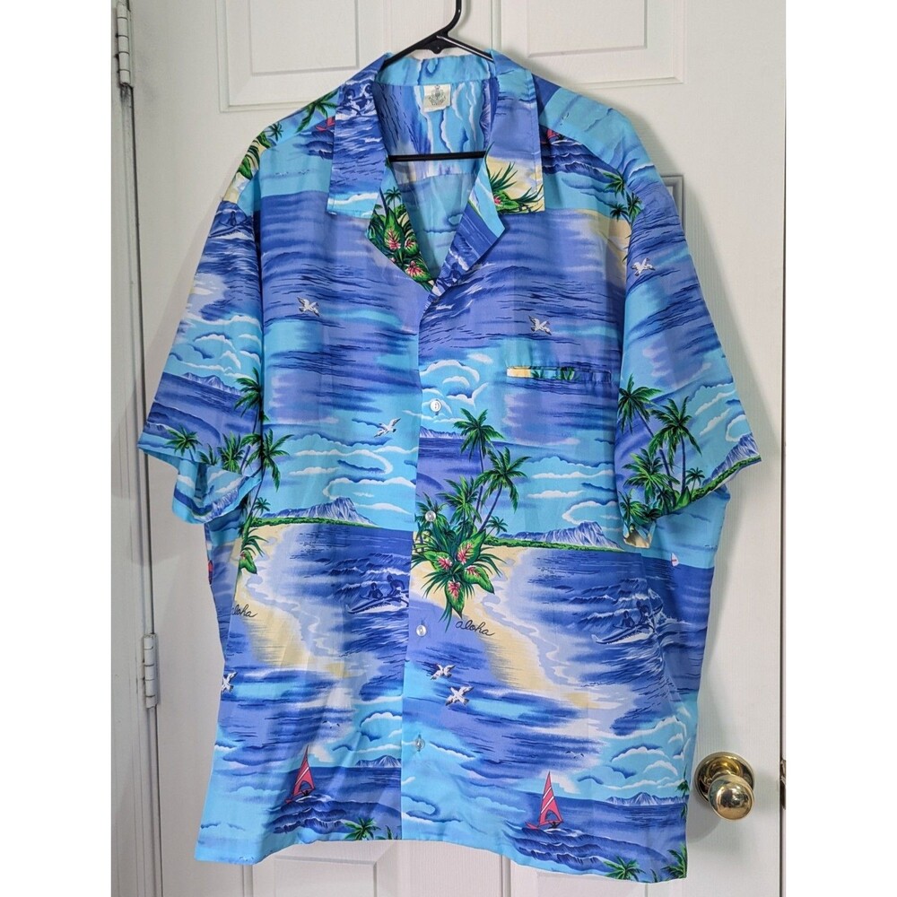 VTG Royal Creations Hawaii Hawaiian Shirt Mens 4XL Blue Beach Palm Tree Aloha